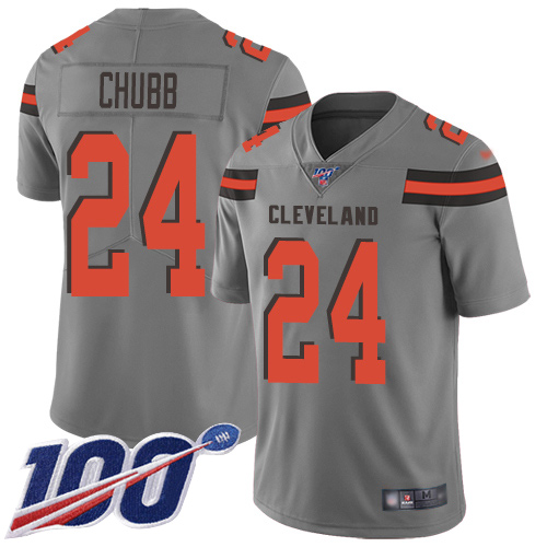 Cleveland Browns Nick Chubb Men Gray Limited Jersey #24 NFL Football 100th Season Inverted Legend